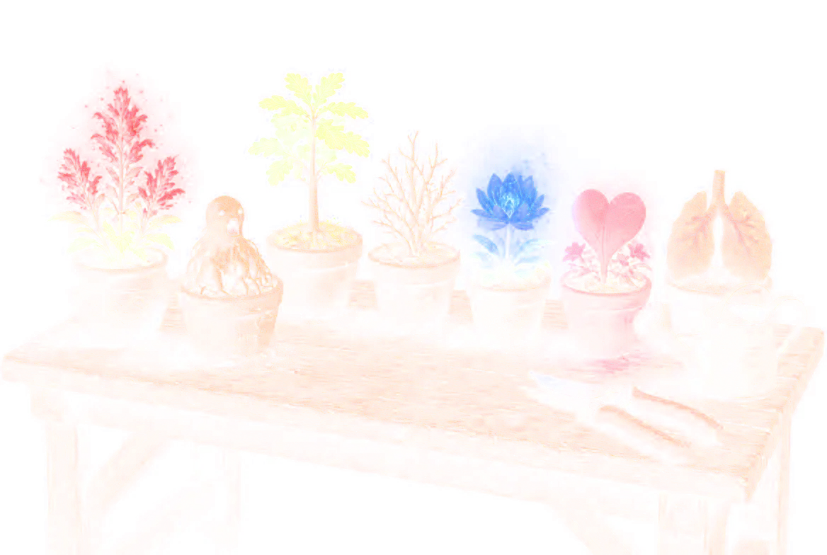 Mesa de herbología con las siete plantas mágicas