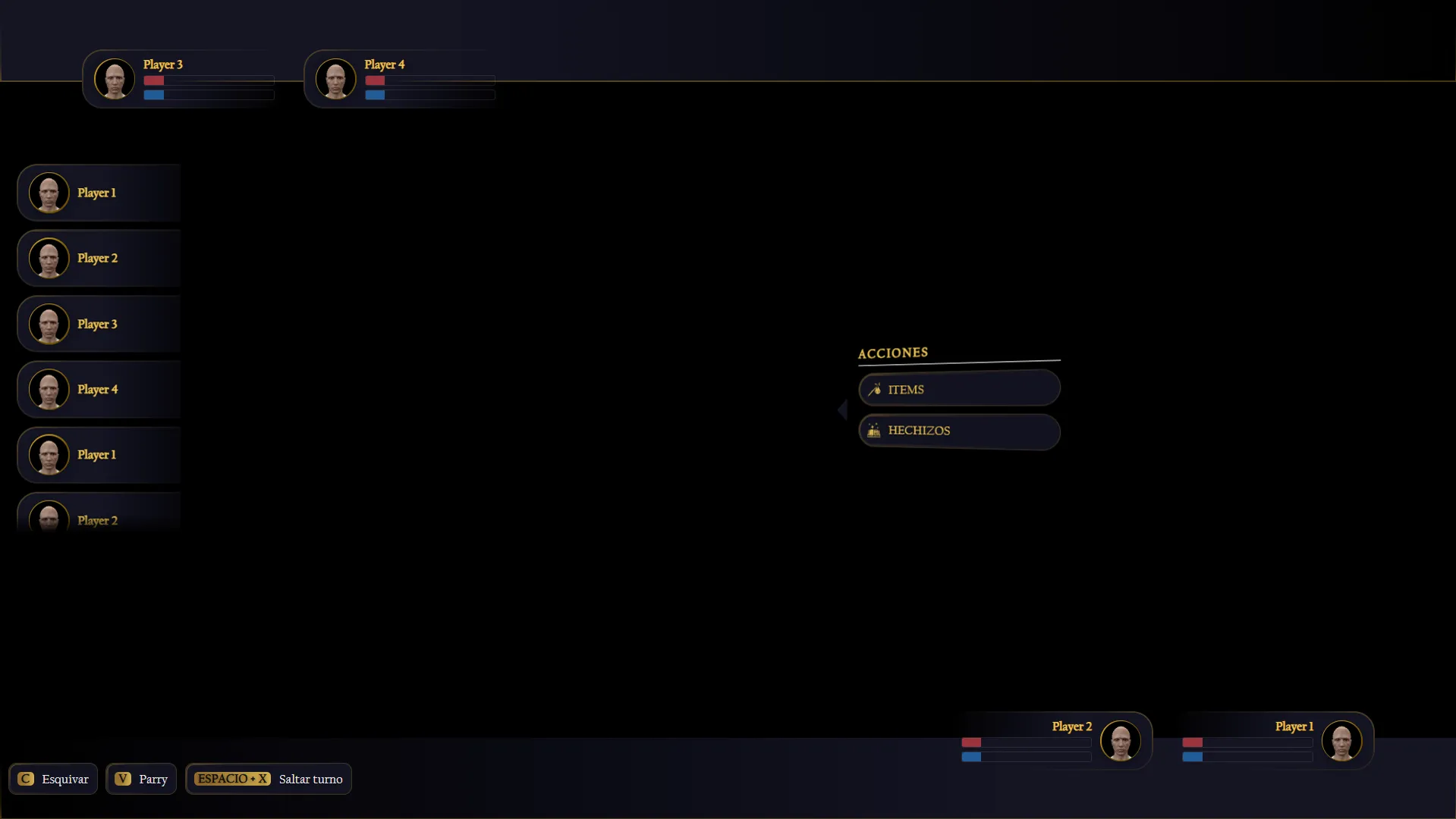 El combate por turnos, con acciones y parry