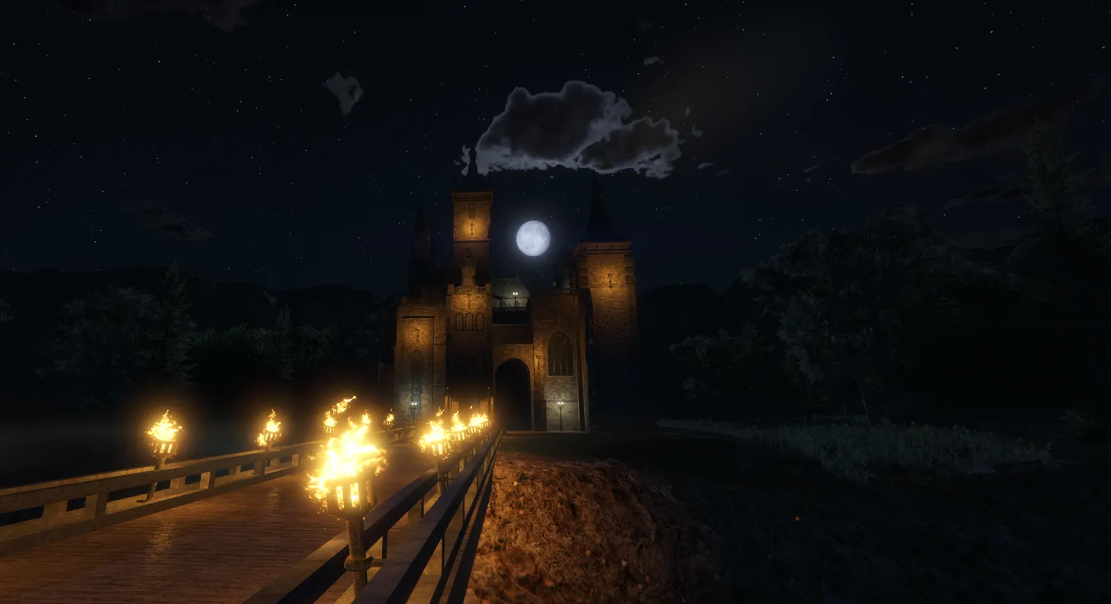 El castillo de noche, con su puente de antorchas y la luna llena