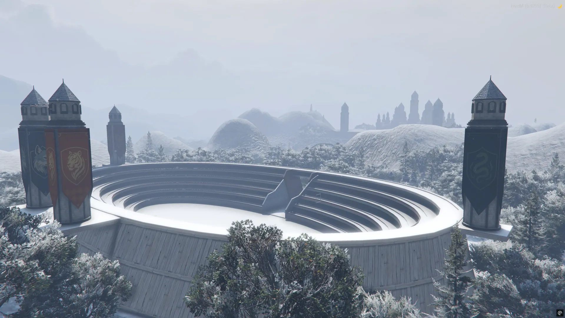 El coliseo nevado, ya con los estandartes de las casas