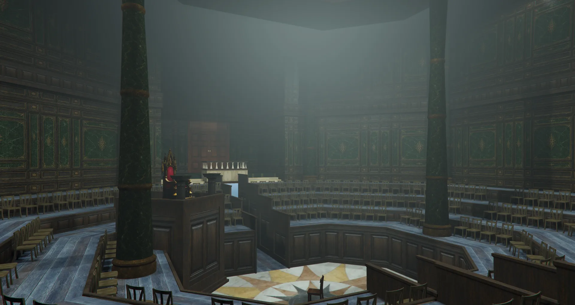 La sala del tribunal, con el trono del Consejo