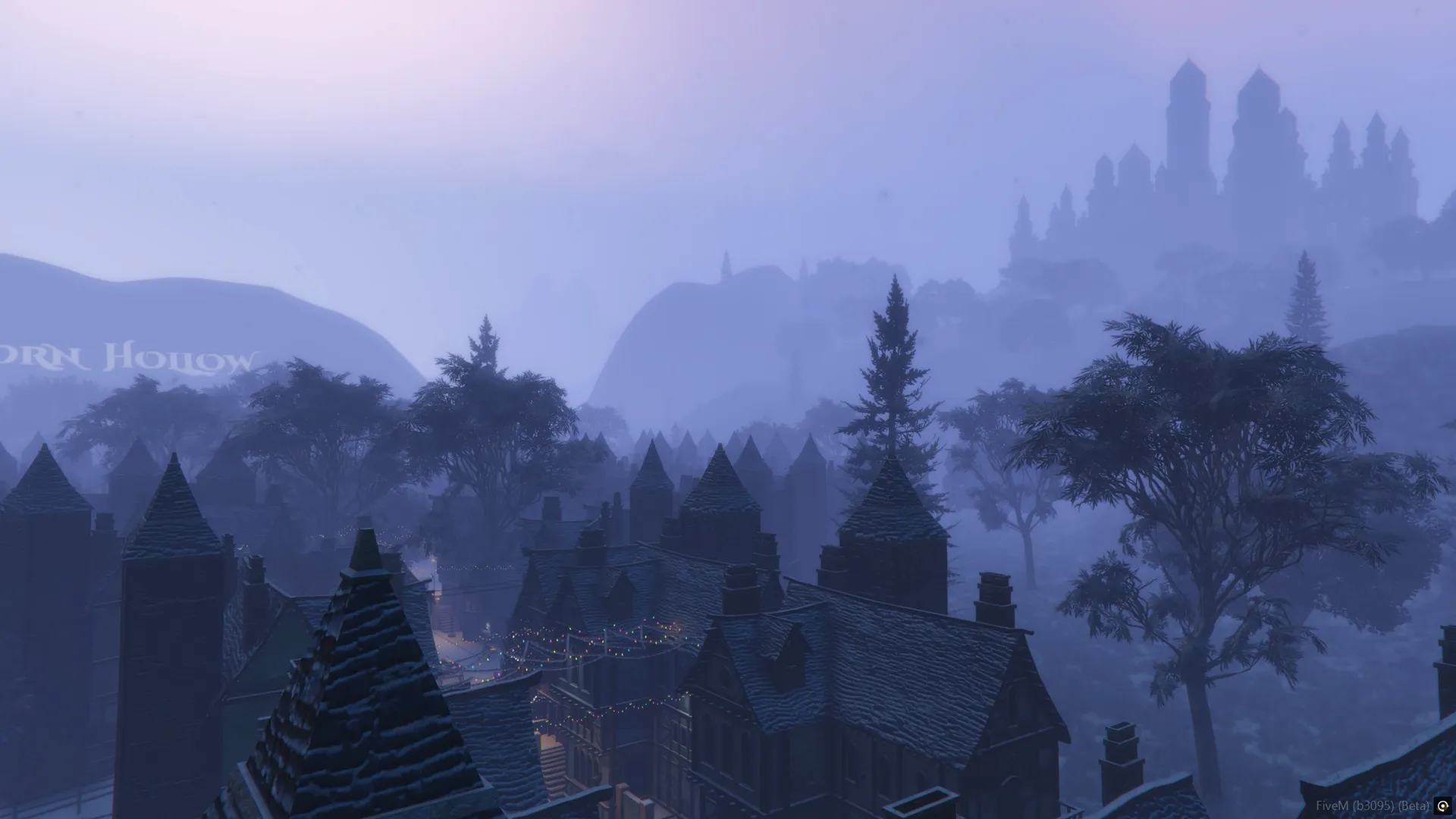 Thorn Hollow bajo la nieve, con el castillo velando entre la niebla